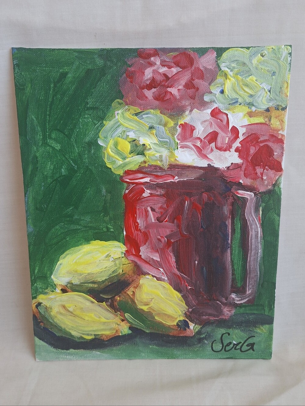 Lemons and flower vase colorful expressionist 8x10 canvas board